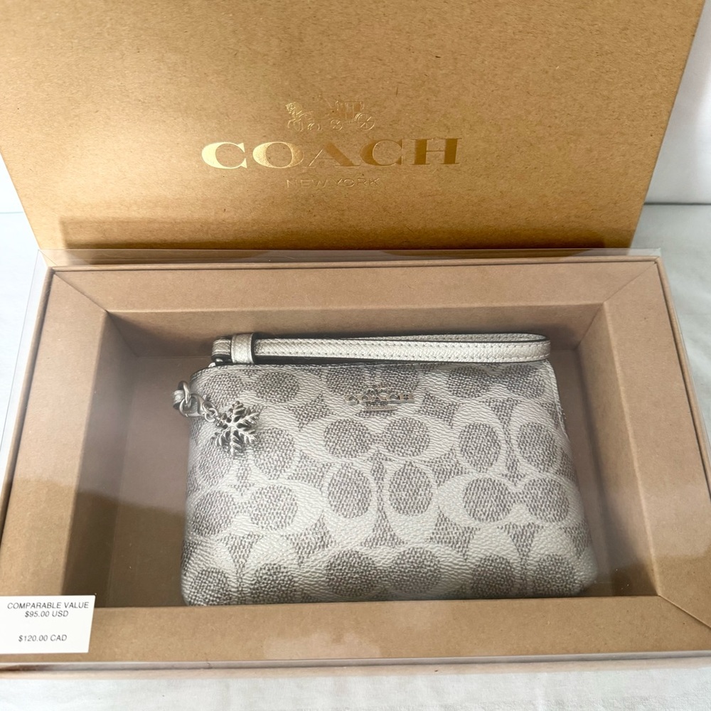 Coach Signature Wristlet in Light Silver/Gray With charm